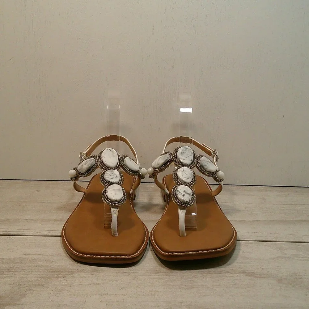 Chico's T-Strap White with Gray Beaded T-Strap Boho Sandals Size 8M - Picture 2 of 9